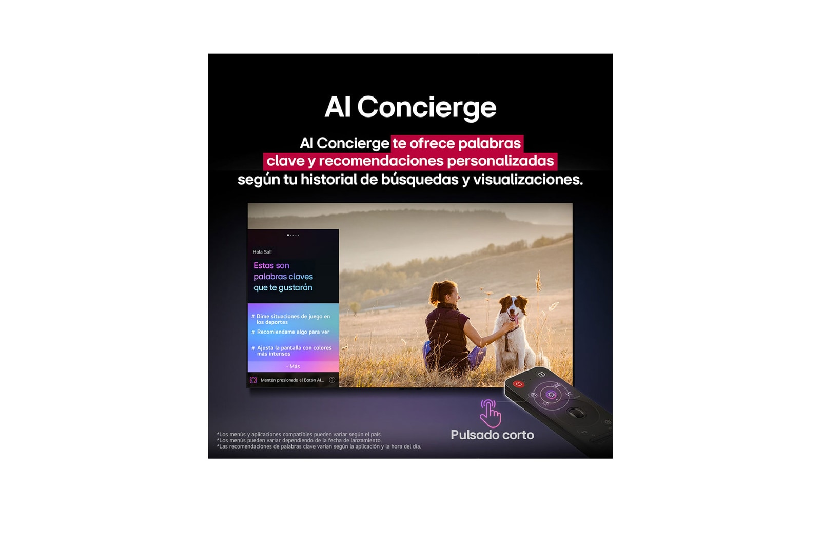 Close-up of an LG OLED TV screen showing how AI Search works. A small chat window is open showing how the user asked for what sports games are available. AI search responded via chat and by showing thumbnails of available content. There is also a prompt to ask Microsoft Copilot. 