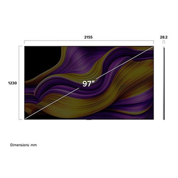 Front view and side view of LG OLED evo AI G5 4K Smart TV showing its length, width, height, and depth dimensions.