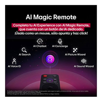 LG TV screen with an AI Magic Remote on the foreground. The AI button is highlighted and a speech bubble shows text, suggest a movie I like. On the screen we see the user icon E, indicating how AI Voice ID was able to identify which user it was and give personalized recommendations just based on their voice. 