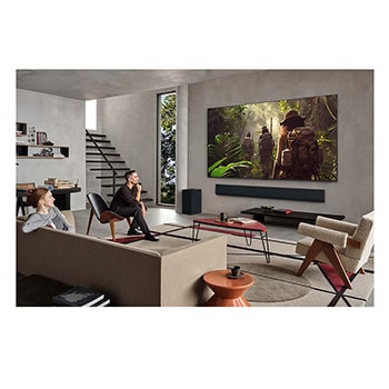 Sci-fi content is playing on an LG TV screen. On the screen is the AI Chatbot interface. The user messaged the chatbot saying that the screen is too dark. The chatbot offered solutions to the request. The whole scene is also split in two. One side is darker, the other side is brighter, showing how AI Chatbot solved the issue for the user automatically. Text explains AI Chatbot can understand user intent and provide solutions to troubleshoot.