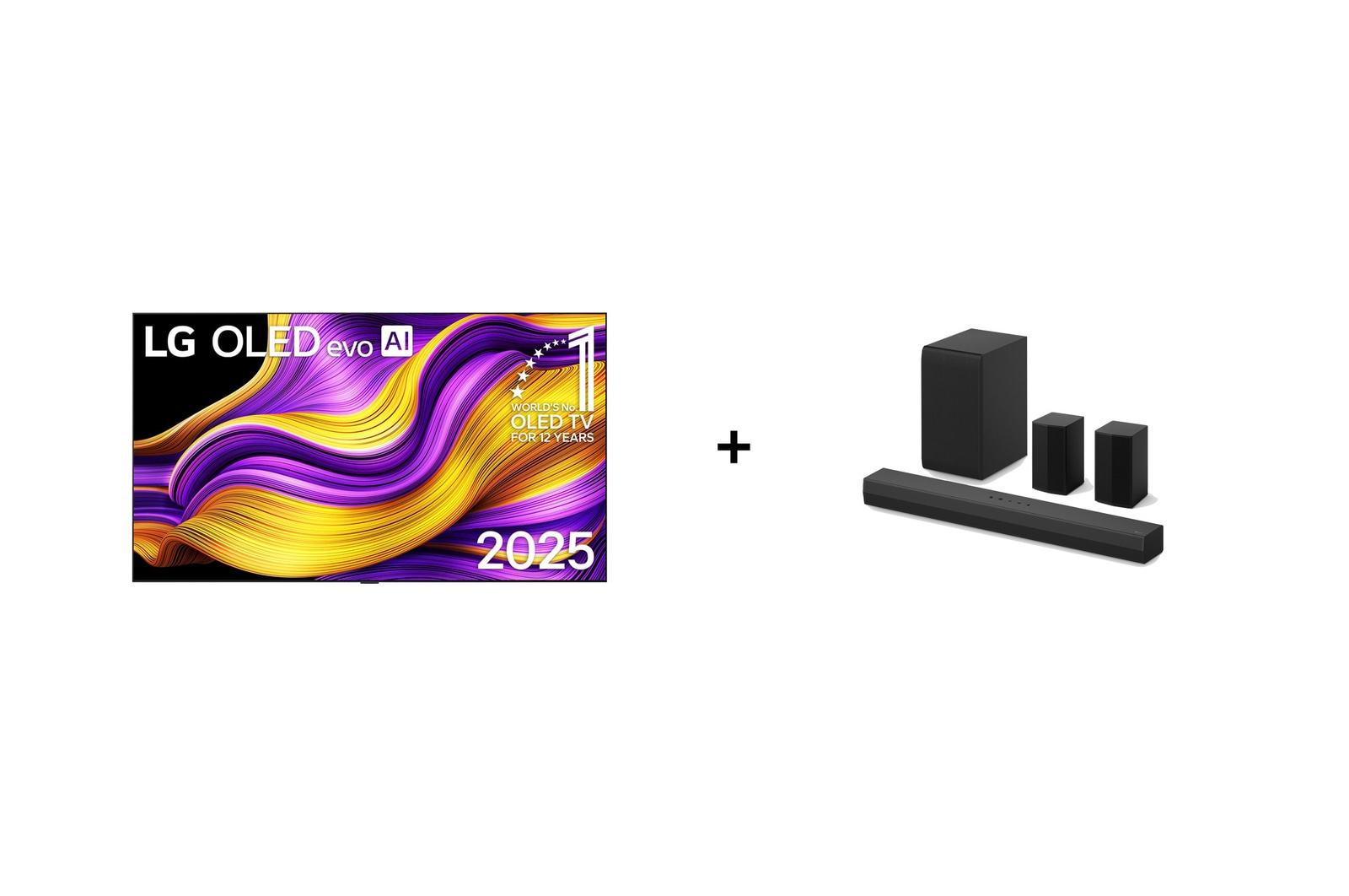 Vista frontal de 97" LG OLED evo AI G5 4K Smart TV 2025 + LG Soundbar | 400 W | 4.1 ch |incluye 2 altavoces traseros OLED97GS40T.ESPR