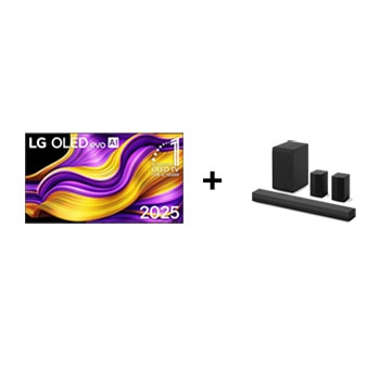 Vista frontal de 97" LG OLED evo AI G5 4K Smart TV 2025 + LG Soundbar | 400 W | 4.1 ch |incluye 2 altavoces traseros OLED97GS40T.ESPR