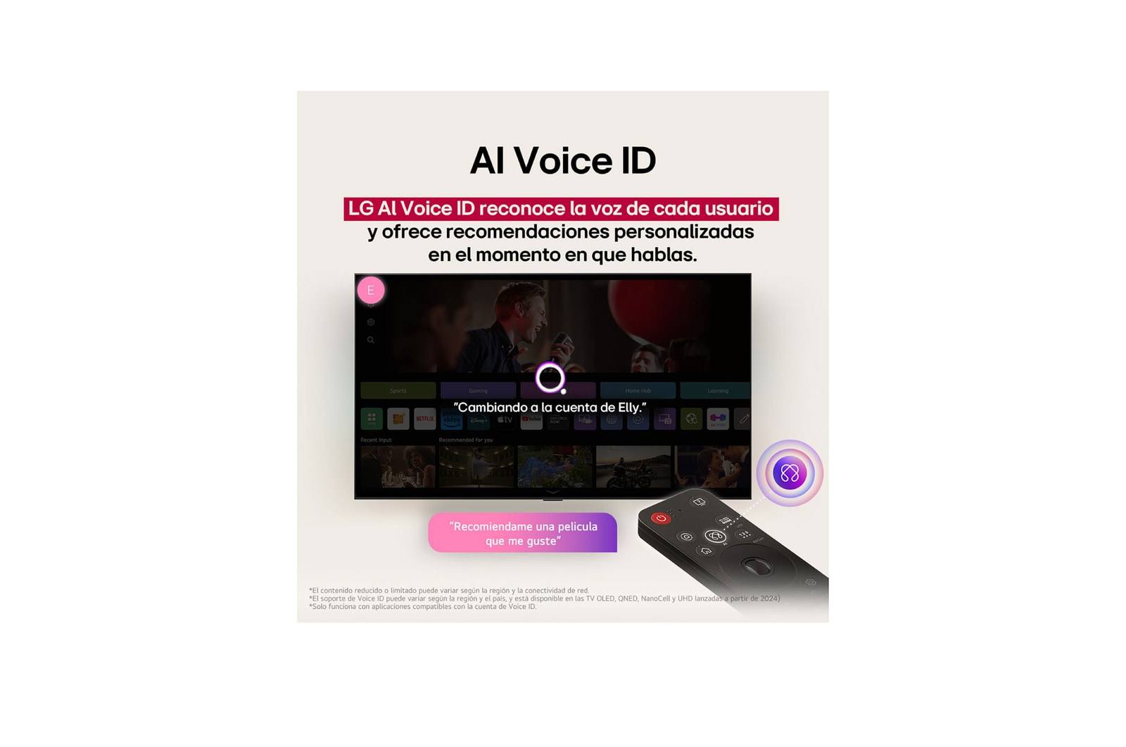 LG TV screen with an AI Magic Remote on the foreground. The AI button is highlighted and a speech bubble shows text, suggest a movie I like. On the screen we see the user icon E, indicating how AI Voice ID was able to identify which user it was and give personalized recommendations just based on their voice.