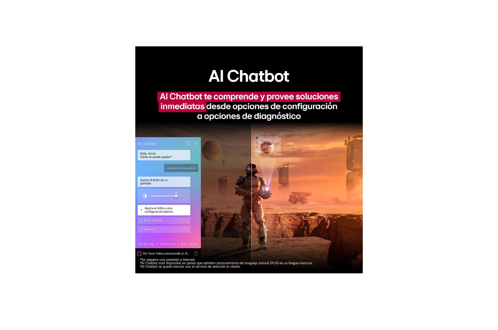 Sci-fi content is playing on an LG TV screen. On the screen is the Al Chatbot interface. The user messaged the chatbot saying that the screen is too dark. The chatbot offered solutions to the request. The whole scene is also split in two. One side is darker, the other side is brighter, showing how Al Chatbot solved the issue for the user automatically. Text explains Al Chatbot can understand user intent and provide solutions to troubleshoot.