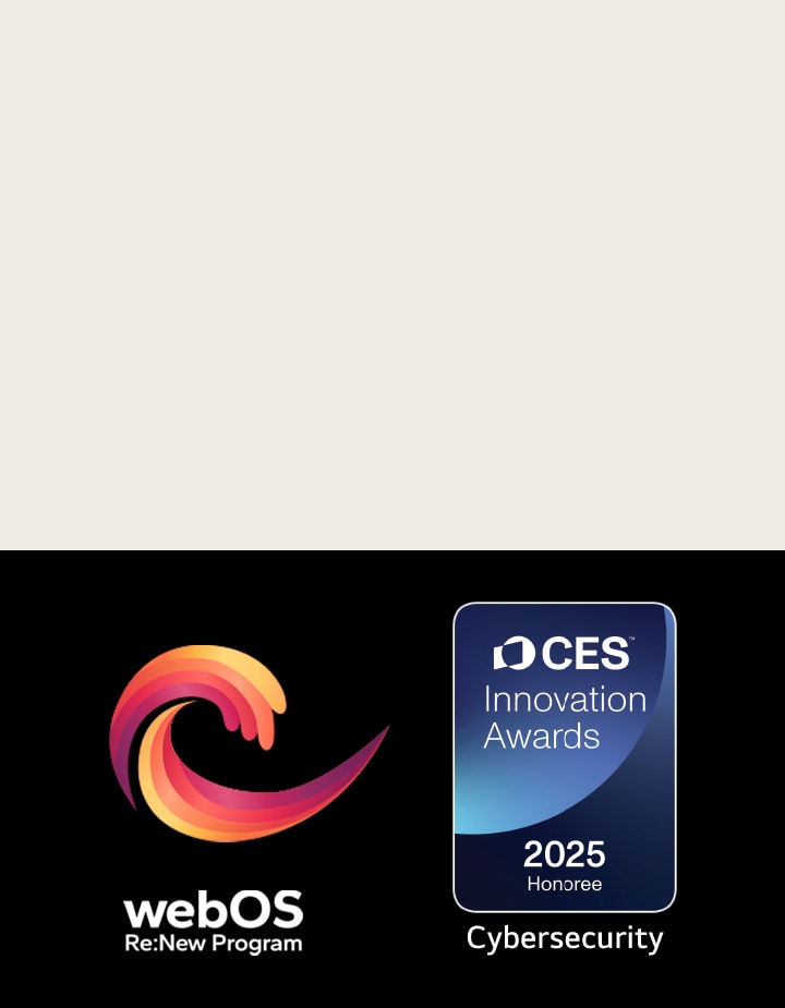 Logotipo y nombre del webOS Re:New Program con la insignia de CES Innovation Awards 2025 Honoree cerca de él. 