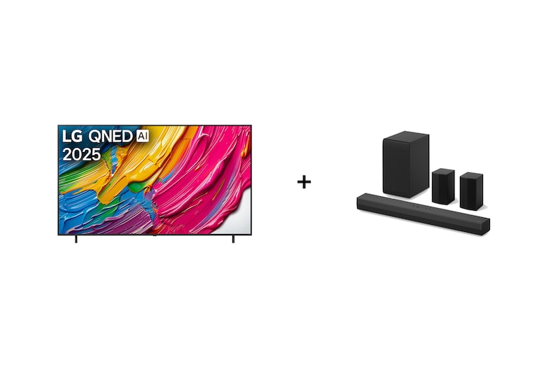 Vista frontal de 86" LG QNED80 AI 4K Smart TV 2025 + LG Soundbar | 400 W | 4.1 ch |incluye 2 altavoces traseros 86QNEDS40T.ESPR