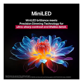 Flor holográfica en 3D con diferentes sombras y tonos sobre fondo negro. La definición y el detalle de la flor resaltan la capacidad del MiniLED de QNED de producir imágenes con color, brillo y contraste excepcionales. El título habla de cómo MiniLED mejora la claridad y proporciona un contraste excepcional.
