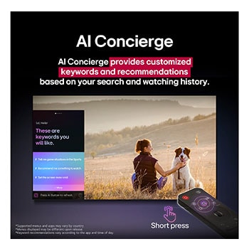 Un LG AI Magic Remote frente a la pantalla de una LG TV. En la pantalla, aparece un saludo personalizado de LG AI con palabras clave personalizadas basadas en el historial de búsquedas y visualizaciones del usuario. En el control remoto hay un ícono y una etiqueta en los que se indica que se puede acceder fácilmente a las funciones de AI Concierge con solo pulsar brevemente el botón de IA. 