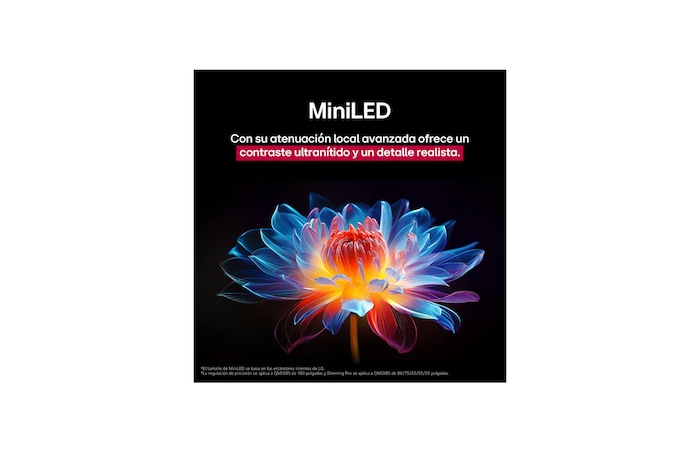 Flor holográfica en 3D con diferentes sombras y tonos sobre fondo negro. La definición y el detalle de la flor resaltan la capacidad del MiniLED de QNED de producir imágenes con color, brillo y contraste excepcionales. El título habla de cómo MiniLED mejora la claridad y proporciona un contraste excepcional.