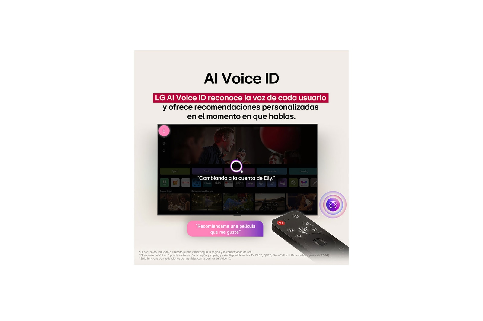 Pantalla de LG TV con un AI Magic Remote de fondo. El botón de IA está resaltado y con un globo de texto: Sugiere una película que me guste. En la pantalla, se muestra el ícono de usuario E, que indica cómo AI Voice ID identificó al usuario y dio recomendaciones personalizadas basándose únicamente en su voz.