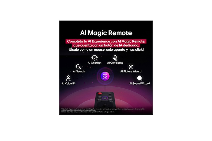 LG AI Magic Remote con el botón de IA resaltado. A su alrededor, se encuentran las diferentes funcionalidades a las que el usuario puede acceder con el botón. AI Voice ID, AI Search, AI Chatbot, AI Concierge, AI Picture Wizard y AI Sound Wizard. El texto explica que el LG AI Magic Remote completa la AI Experience con un botón de IA exclusivo y su función de ratón aéreo. Simplemente apunta y haz clic.