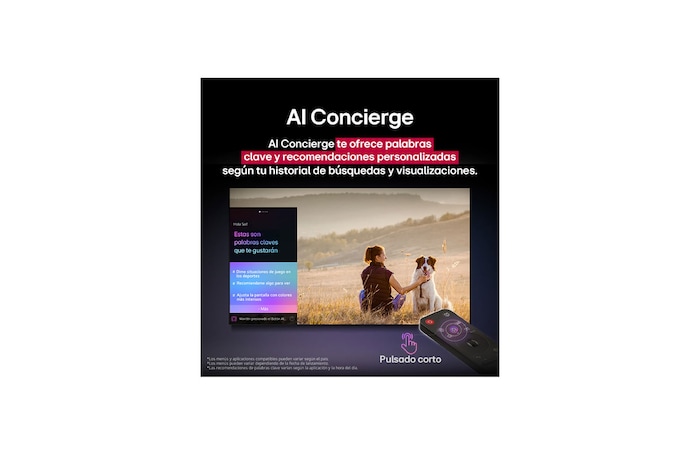 Un LG AI Magic Remote frente a la pantalla de una LG TV. En la pantalla, aparece un saludo personalizado de LG AI con palabras clave personalizadas basadas en el historial de búsquedas y visualizaciones del usuario. En el control remoto hay un ícono y una etiqueta en los que se indica que se puede acceder fácilmente a las funciones de AI Concierge con solo pulsar brevemente el botón de IA. 