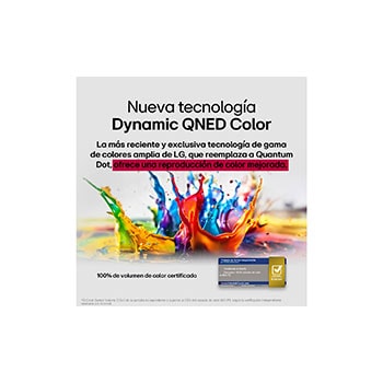 Salpicaduras de pintura de diversos colores irrumpen desde el suelo hacia arriba. Certificación de Intertrek para 100 % de volumen de color para DCI-P3. El título habla de la nueva y exclusiva tecnología de amplia gama de colores de LG, que permite ver colores vivos en la pantalla.