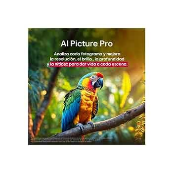 Loro en la rama de un árbol en colores vivos. El título habla de cómo LG Al Picture Pro ha conseguido impresionantes mejoras visuales en la resolución, el brillo, la profundidad y la claridad de la escena.