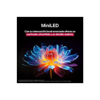 Flor holográfica en 3D con diferentes sombras y tonos sobre fondo negro. La definición y el detalle de la flor resaltan la capacidad del MiniLED de QNED de producir imágenes con color, brillo y contraste excepcionales. El título habla de cómo MiniLED mejora la claridad y proporciona un contraste excepcional.