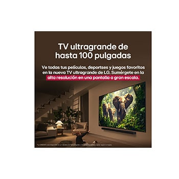 Una joven y un perro sentados frente a una LG QNED TV montada en una pared en la que se ven tres elefantes caminando hacia fuera por encima de la LG Soundbar. El título habla de cómo las escenas son más emocionantes en una pantalla gigante.