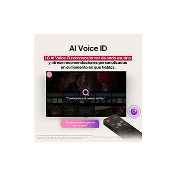 Pantalla de LG TV con un AI Magic Remote de fondo. El botón de IA está resaltado y con un globo de texto: Sugiere una película que me guste. En la pantalla, se muestra el ícono de usuario E, que indica cómo AI Voice ID identificó al usuario y dio recomendaciones personalizadas basándose únicamente en su voz.