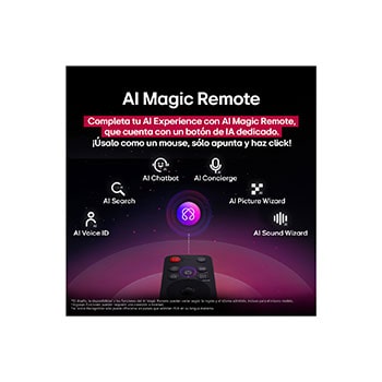 LG AI Magic Remote con el botón de IA resaltado. A su alrededor, se encuentran las diferentes funcionalidades a las que el usuario puede acceder con el botón. AI Voice ID, AI Search, AI Chatbot, AI Concierge, AI Picture Wizard y AI Sound Wizard. El texto explica que el LG AI Magic Remote completa la AI Experience con un botón de IA exclusivo y su función de ratón aéreo. Simplemente apunta y haz clic.