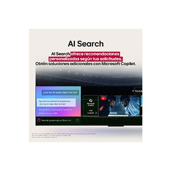 Un primer plano de la pantalla de una LG TV en la que se muestra cómo funciona AI Search. Hay una pequeña ventana de chat abierta que muestra cómo el usuario preguntó qué eventos deportivos están disponibles. AI Search respondió a través del chat y mostró imágenes en miniatura del contenido disponible. También hay un indicador para hacer preguntas a Microsoft Copilot. 