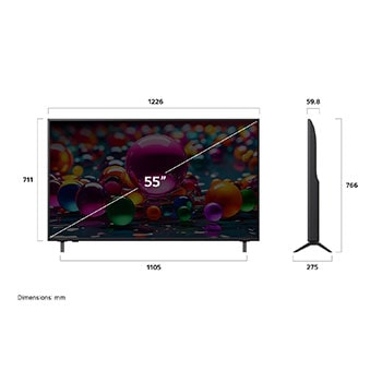 Vista de frente y lateral de la Smart TV LG UHD AI UA75 4K en la que se ven sus dimensiones de longitud, ancho, altura y profundidad.