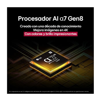 El procesador alpha 7 AI Gen8 se ilumina en amarillo y de él salen rayos de luz de colores. El título habla sobre cómo el procesador ofrece una calidad 4K, con color y brillo sorprendentes.