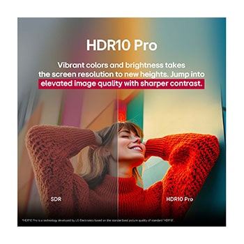 Una foto de una chica con un suéter rojo dividida por la mitad para mostrar el lado izquierdo en SDR y el lado derecho en HDR10 Pro. La parte derecha de la imagen es más nítida y tiene mayor contraste que la izquierda. El título hace referencia a cómo HDR10 Pro ofrece una calidad de imagen superior y un contraste más nítido. 
