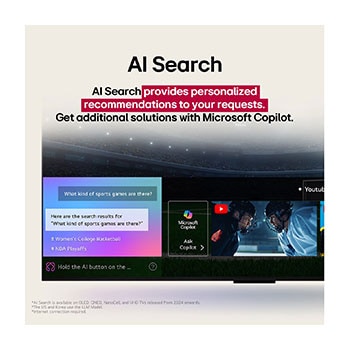 Un primer plano de la pantalla de una LG TV en la que se muestra cómo funciona AI Search. Hay una pequeña ventana de chat abierta que muestra cómo el usuario preguntó qué eventos deportivos están disponibles. AI Search respondió a través del chat y mostró imágenes en miniatura del contenido disponible. También hay un indicador para hacer preguntas a Microsoft Copilot. 