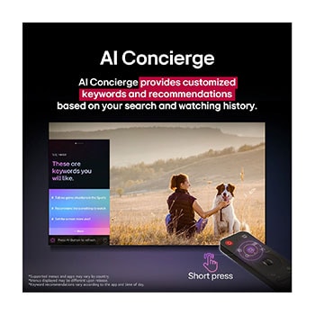 Un LG AI Magic Remote frente a la pantalla de una LG TV. En la pantalla, aparece un saludo personalizado de LG AI con palabras clave personalizadas basadas en el historial de búsquedas y visualizaciones del usuario. En el control remoto hay un ícono y una etiqueta en los que se indica que se puede acceder fácilmente a las funciones de AI Concierge con solo pulsar brevemente el botón de IA. 
