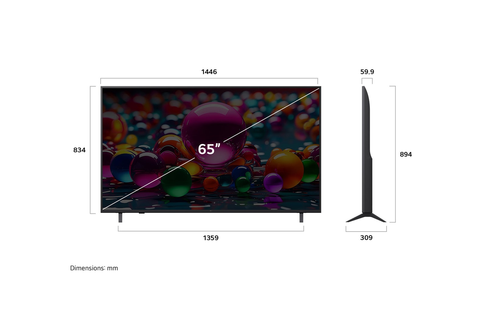 Vista de frente y lateral de la Smart TV LG UHD AI UA75 4K en la que se ven sus dimensiones de longitud, ancho, altura y profundidad.