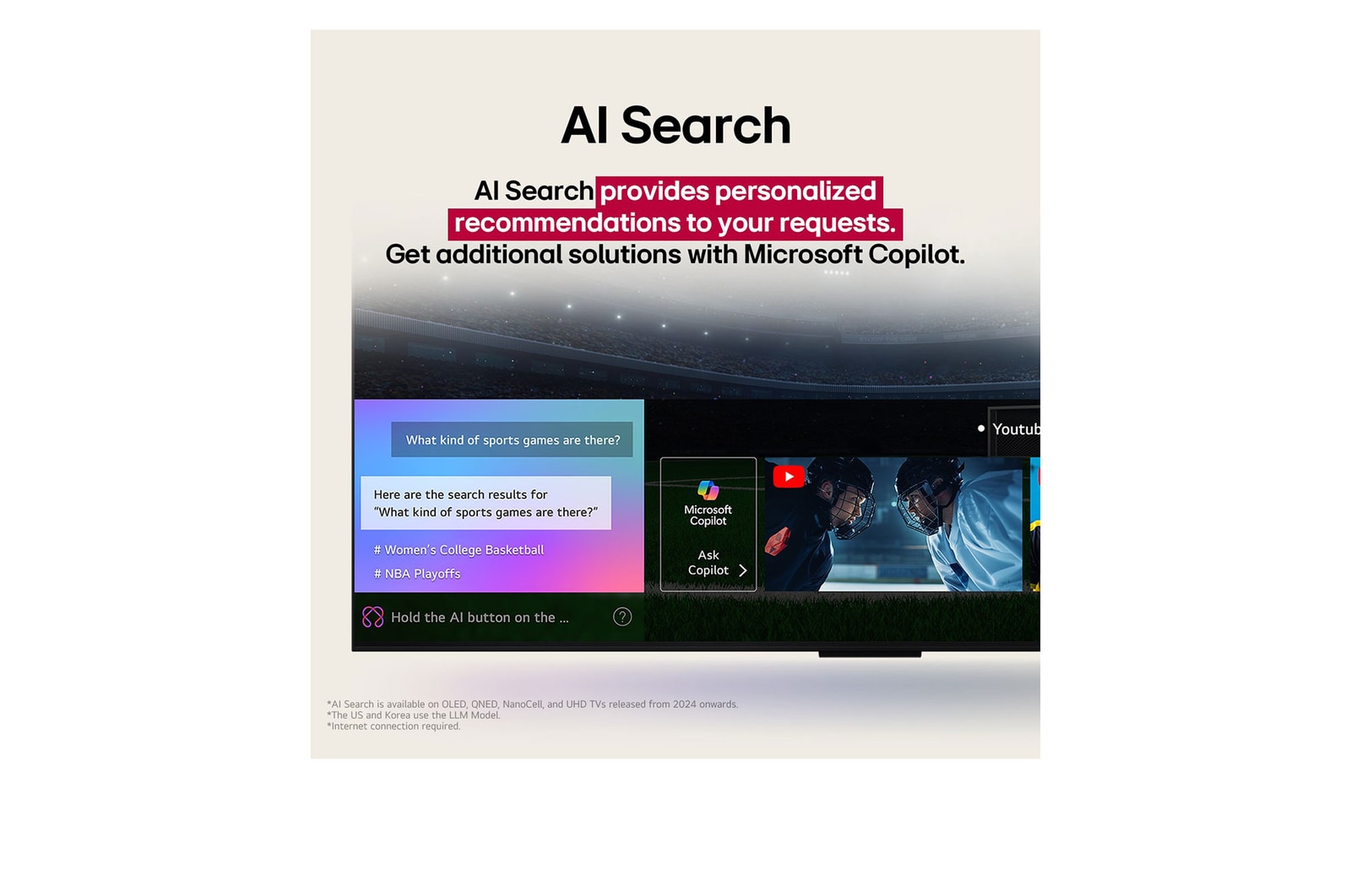 Un primer plano de la pantalla de una LG TV en la que se muestra cómo funciona AI Search. Hay una pequeña ventana de chat abierta que muestra cómo el usuario preguntó qué eventos deportivos están disponibles. AI Search respondió a través del chat y mostró imágenes en miniatura del contenido disponible. También hay un indicador para hacer preguntas a Microsoft Copilot. 
