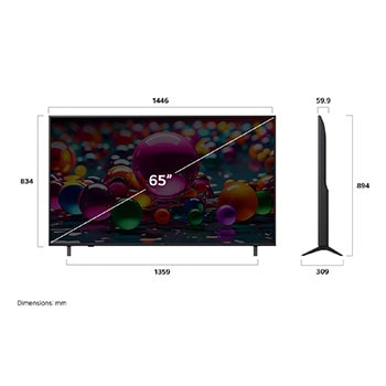 Vista de frente y lateral de la Smart TV LG UHD AI UA75 4K en la que se ven sus dimensiones de longitud, ancho, altura y profundidad.