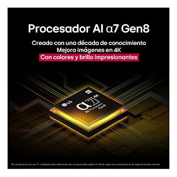 El procesador alpha 7 AI Gen8 se ilumina en color amarillo y de él salen rayos de luz de colores. El título habla sobre cómo el procesador ofrece una calidad 4K, con color y brillo sorprendentes.