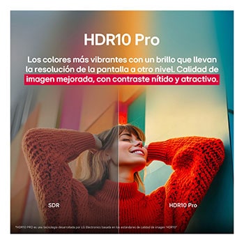 Una foto de una chica con un suéter rojo dividida por la mitad para mostrar el lado izquierdo en SDR y el lado derecho en HDR10 Pro. La parte derecha de la imagen es más nítida y tiene mayor contraste que la izquierda. El título hace referencia a cómo HDR10 Pro ofrece una calidad de imagen superior y un contraste más nítido. 