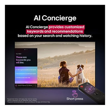 Un LG AI Magic Remote frente a la pantalla de una LG TV. En la pantalla, aparece un saludo personalizado de LG AI con palabras clave personalizadas basadas en el historial de búsquedas y visualizaciones del usuario. En el control remoto hay un ícono y una etiqueta en los que se indica que se puede acceder fácilmente a las funciones de AI Concierge con solo pulsar brevemente el botón de IA. 