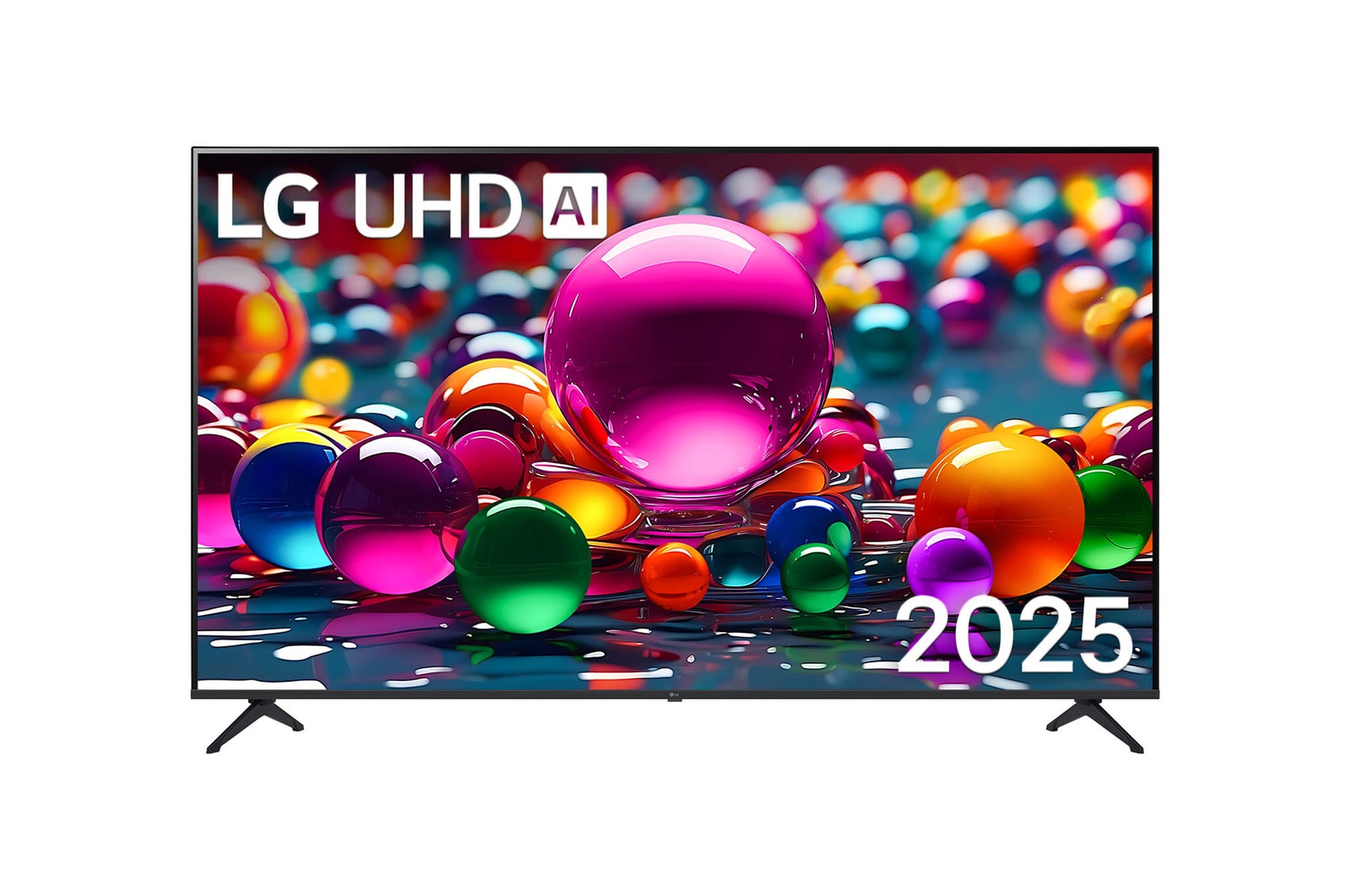 Vista de frente de la UHD UA75 TV, logotipo de LG UHD Al en la esquina superior. En la LG UHD TV se muestran coloridas texturas como de pinturas que se combinan.