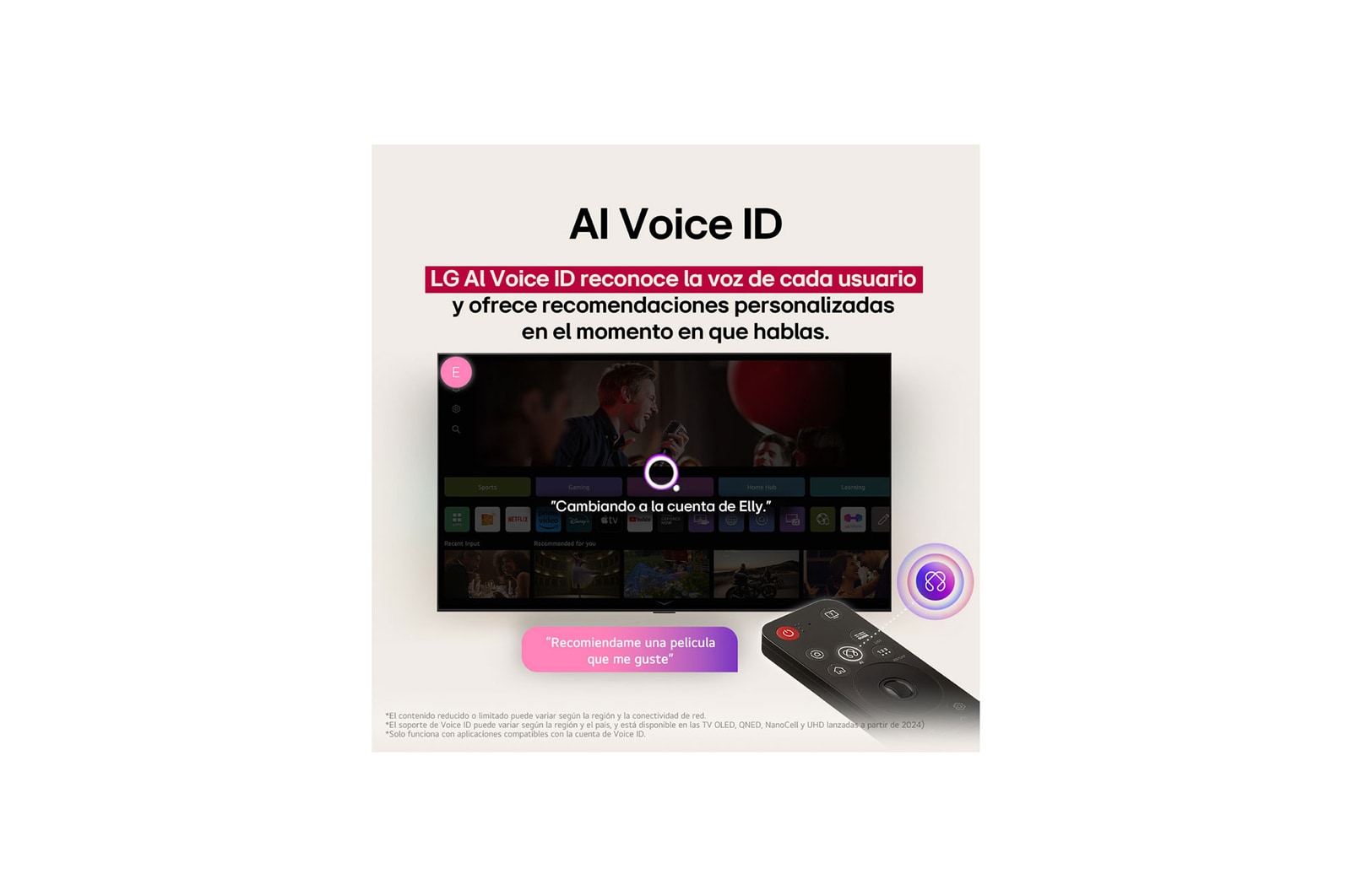 La pantalla de una LG TV con un AI Magic Remote de fondo. El botón de IA está resaltado y con un globo de texto: Sugiere una película que me guste. En la pantalla, se muestra el ícono de usuario E, que indica cómo AI Voice ID identificó al usuario y dio recomendaciones personalizadas basándose únicamente en su voz.