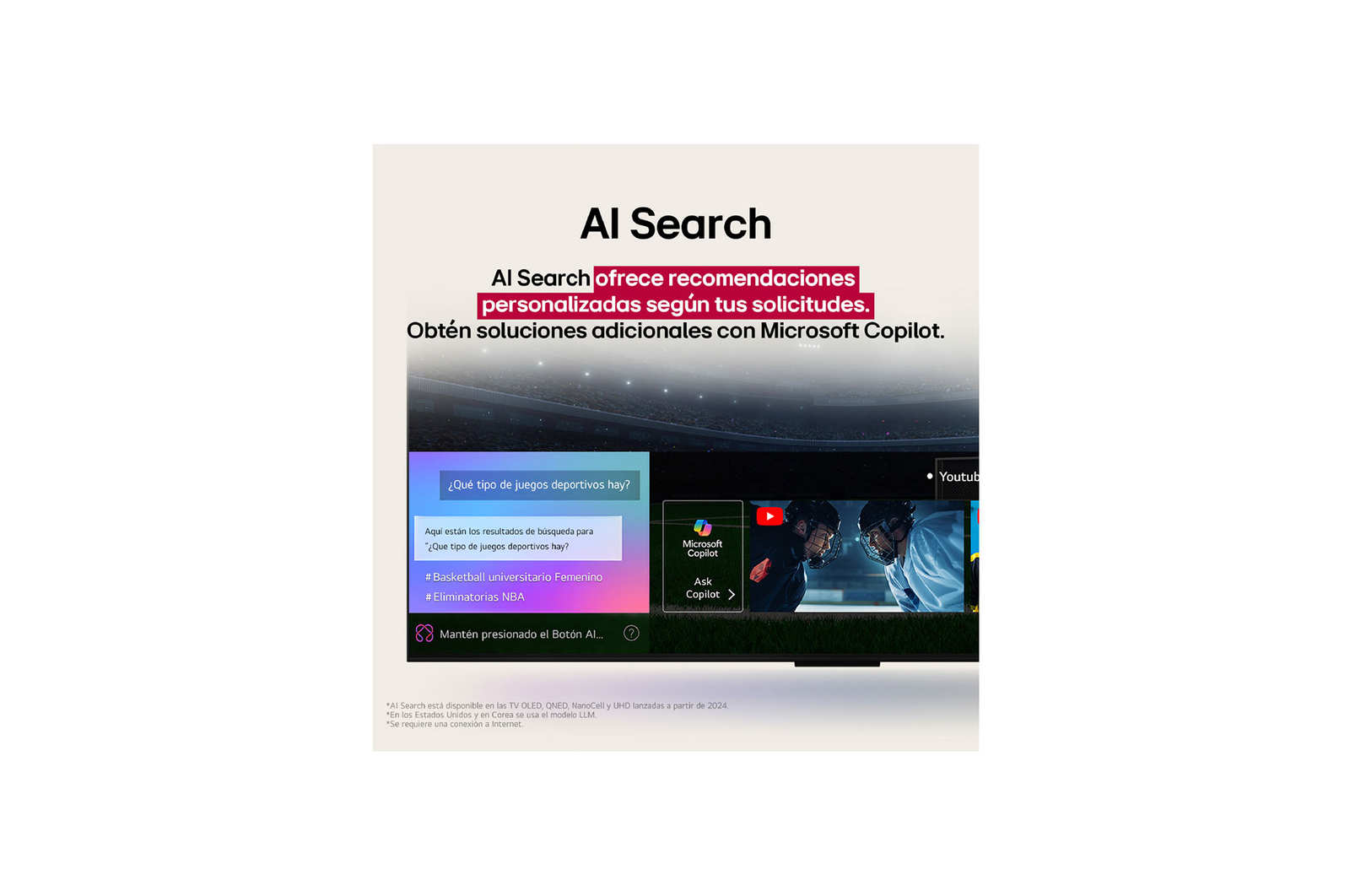 Un primer plano de la pantalla de una LG TV en la que se muestra cómo funciona AI Search. Hay una pequeña ventana de chat abierta que muestra cómo el usuario preguntó qué eventos deportivos están disponibles. AI Search respondió a través del chat y mostró imágenes en miniatura del contenido disponible. También hay un indicador para hacer preguntas a Microsoft Copilot. 