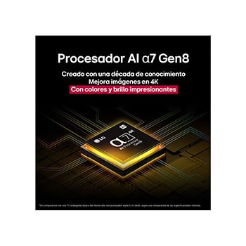 El procesador alpha 7 AI Gen8 se ilumina en amarillo y de él salen rayos de luz de colores. El título habla sobre cómo el procesador ofrece una calidad 4K, con color y brillo sorprendentes.