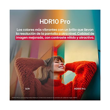 Una foto de una chica con un suéter rojo dividida por la mitad para mostrar el lado izquierdo en SDR y el lado derecho en HDR10 Pro. La parte derecha de la imagen es más nítida y tiene mayor contraste que la izquierda. El título hace referencia a cómo HDR10 Pro ofrece una calidad de imagen superior y un contraste más nítido. 