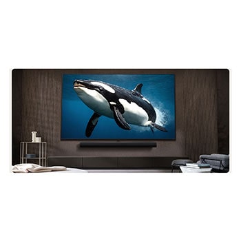 LG TV con una pantalla impresionantemente grande montada en una pared encima de una LG Soundbar en una sala de estar de estilo moderno.