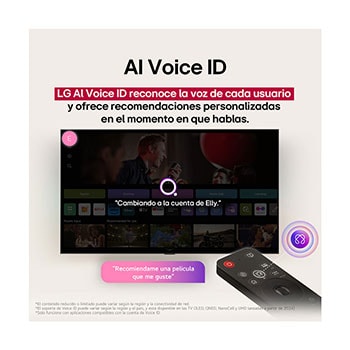 La pantalla de una LG TV con un AI Magic Remote de fondo. El botón de IA está resaltado y con un globo de texto: Sugiere una película que me guste. En la pantalla, se muestra el ícono de usuario E, que indica cómo AI Voice ID identificó al usuario y dio recomendaciones personalizadas basándose únicamente en su voz.