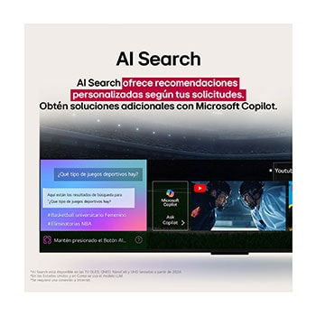 Un primer plano de la pantalla de una LG TV en la que se muestra cómo funciona AI Search. Hay una pequeña ventana de chat abierta que muestra cómo el usuario preguntó qué eventos deportivos están disponibles. AI Search respondió a través del chat y mostró imágenes en miniatura del contenido disponible. También hay un indicador para hacer preguntas a Microsoft Copilot. 