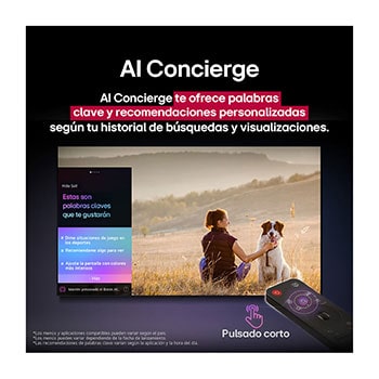 Un LG AI Magic Remote frente a la pantalla de una LG TV. En la pantalla, aparece un saludo personalizado de LG AI con palabras clave personalizadas basadas en el historial de búsquedas y visualizaciones del usuario. En el control remoto hay un ícono y una etiqueta en los que se indica que se puede acceder fácilmente a las funciones de AI Concierge con solo pulsar brevemente el botón de IA. 