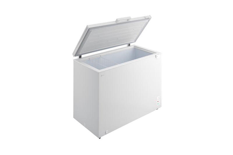 LG chest freezer side view showing door opening