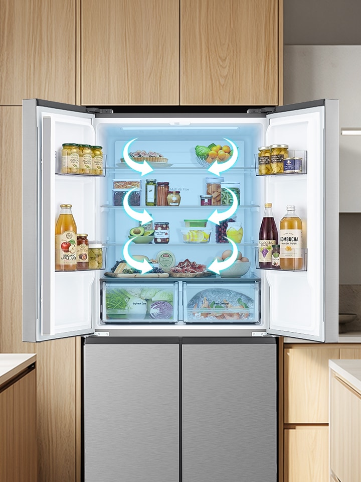 Open refrigerator with multi air flow system, showing cool air circulation for even temperature distribution.