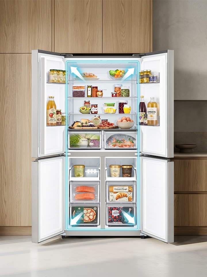 refrigerator with wide open doors, showcasing spacious interior and organized food storage.