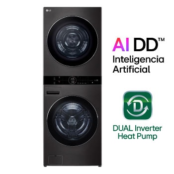 Vista frontal de LG WashTower™ de 25kg de Lavado / 20kg de Secado - AI DD™, ThinQ™ con Motor Dual Inverter Heat Pump, Black Steel + Microondas LG NeoChef™ 20 L EasyClean™, Negro WK25BMS2032