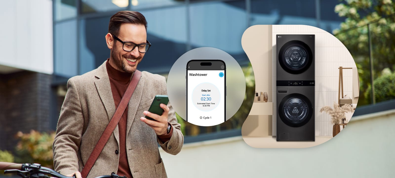 A man remotely controlling the LG washtower through a thinq app