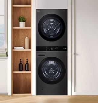 LG washtower in a compact, stylish apartment laundry space