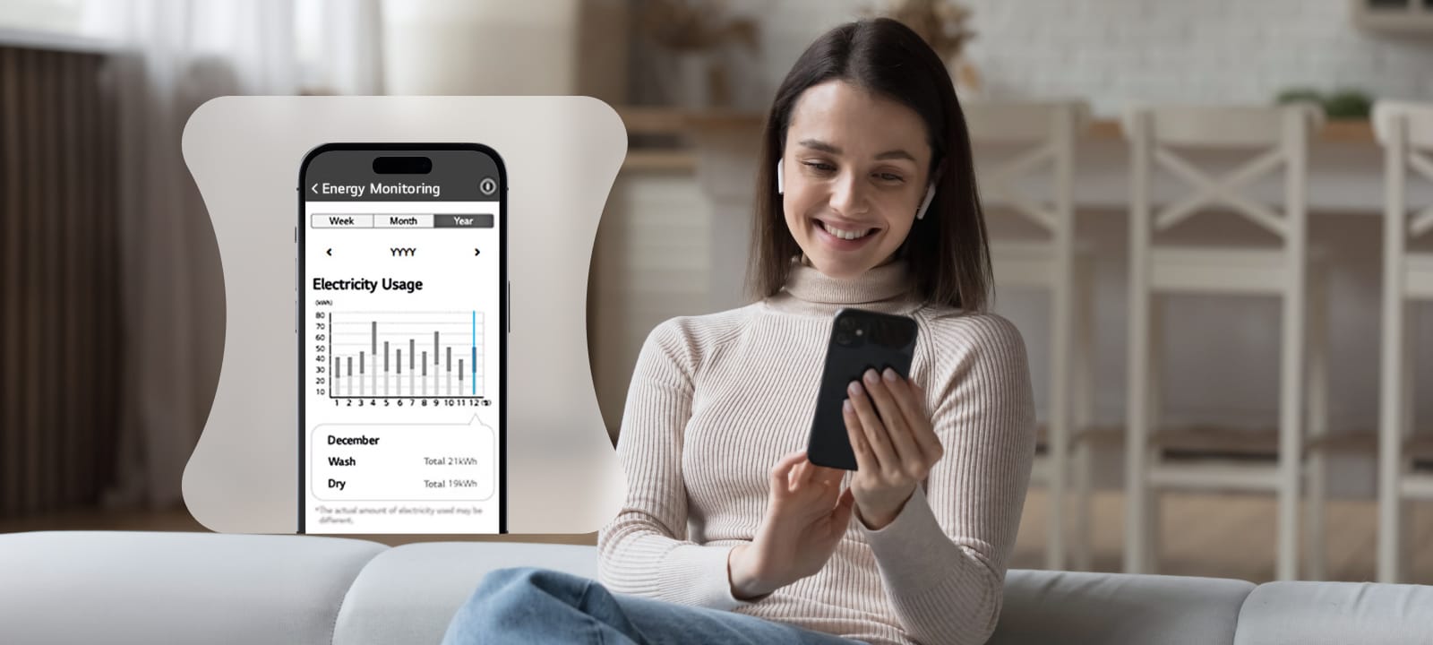 A woman monitoring her energy usage through a thinq app